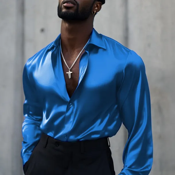 Men's Shirt Satin Shirt Casual Shirt Button Up Shirt Plain Wedding Vacation Black White Wine Blue Long Sleeve Lapel Spring & Fall Clothing Apparel Buttons