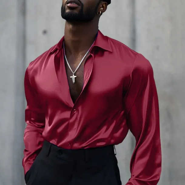 Men's Shirt Satin Shirt Casual Shirt Button Up Shirt Plain Wedding Vacation Black White Wine Blue Long Sleeve Lapel Spring & Fall Clothing Apparel Buttons