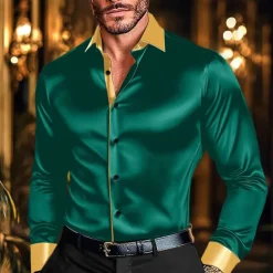 Men's Shirt Satin Shirt Casual Shirt Button Up Shirt Disco Shirt Patchwork Performance Wedding Black White Wine Green Long Sleeve Lapel Spring & Fall Clothing Apparel Patchwork