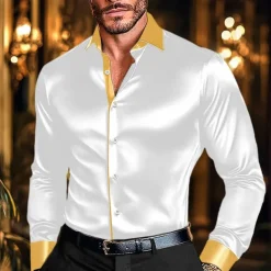 Men's Shirt Satin Shirt Casual Shirt Button Up Shirt Disco Shirt Patchwork Performance Wedding Black White Wine Green Long Sleeve Lapel Spring & Fall Clothing Apparel Patchwork