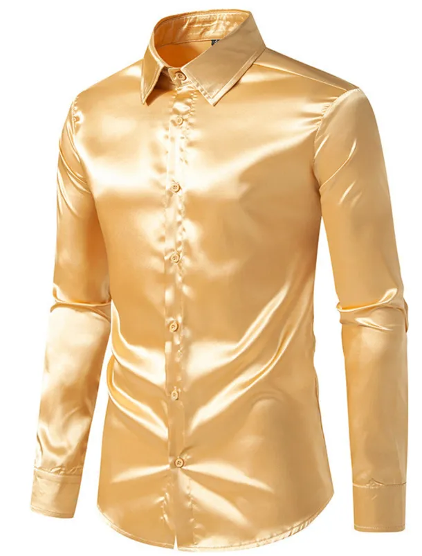 Men's Shirt Satin Shirt Casual Shirt Button Up Shirt Black Yellow Blue Red Light Grey Long Sleeve Plain Lapel Vacation Daily Clothing Apparel Fashion Casual Comfortable