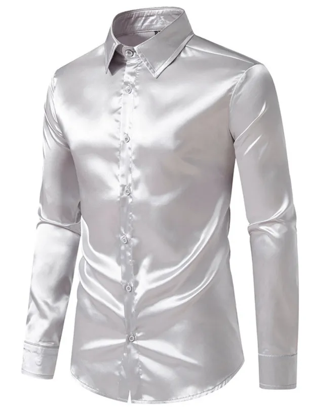 Men's Shirt Satin Shirt Casual Shirt Button Up Shirt Black Yellow Blue Red Light Grey Long Sleeve Plain Lapel Vacation Daily Clothing Apparel Fashion Casual Comfortable
