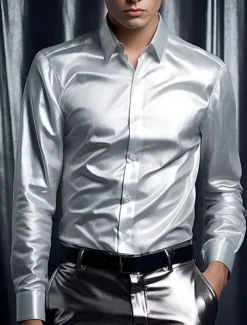 Men's Shirt Satin Shirt Casual Shirt Button Up Shirt Black Yellow Blue Red Light Grey Long Sleeve Plain Lapel Vacation Daily Clothing Apparel Fashion Casual Comfortable