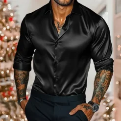 Men's Shirt Satin Shirt Casual Shirt Button Up Shirt Plain Wedding Vacation Black White Burgundy Royal Blue Long Sleeve Collar Winter Spring & Fall Clothing Apparel