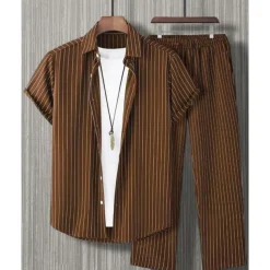 Men's Shirt Set T-shirt Suits 2 Pieces Outfits Tee & Shorts Short Sleeve Shirt Collar Summer Stripes Fashion Casual 2 Piece Vacation Daily Wear Going out Black Red Brown Top Tee for Men