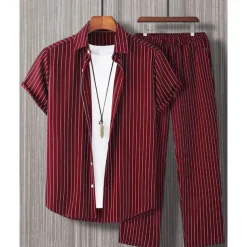 Men's Shirt Set T-shirt Suits 2 Pieces Outfits Tee & Shorts Short Sleeve Shirt Collar Summer Stripes Fashion Casual 2 Piece Vacation Daily Wear Going out Black Red Brown Top Tee for Men