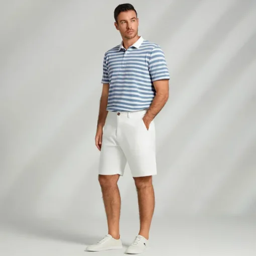 Men's Shirt Striped Horizontal Stripes Casual Cable Knit Polo Short Sleeve Outdoor Causal Casual Summer Print Turndown Black Blue Micro-elastic 48% cotton, 48% polyester, 4% spandex