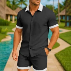 Men's Shirt Suits 2 Pieces Outfits Tee & Shorts Short Sleeve Lapel Summer Color Block Fashion Casual 2 Piece Vacation Daily Wear Going out Black White Pink Top Tee for Men