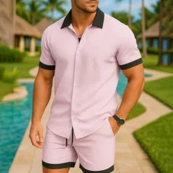 Men's Shirt Suits 2 Pieces Outfits Tee & Shorts Short Sleeve Lapel Summer Color Block Fashion Casual 2 Piece Vacation Daily Wear Going out Black White Pink Top Tee for Men