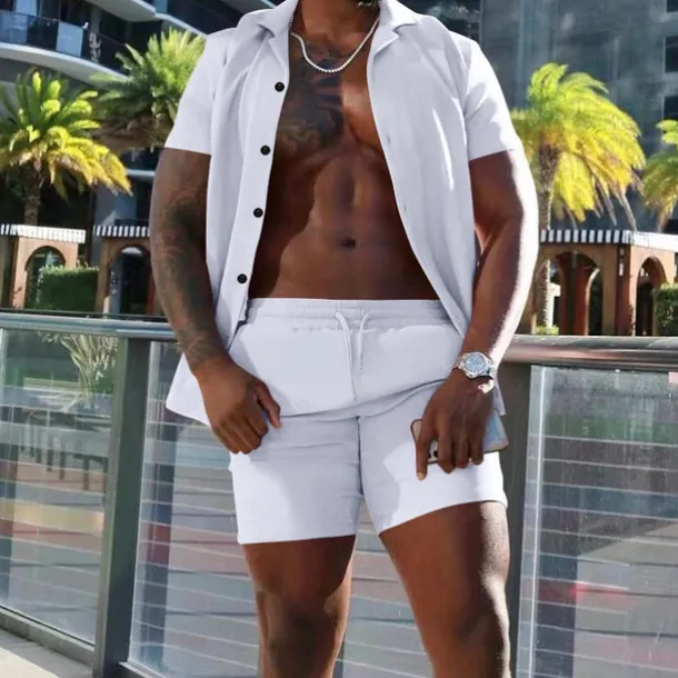 Men's Shirt Suits 2 Pieces Outfits Tee & Shorts Short Sleeve Lapel Summer Plain Fashion Casual Buttons 2 Piece Vacation Daily Wear Going out Black White Red Top Tee for Men