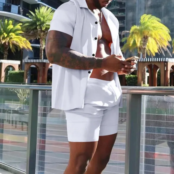 Men's Shirt Suits 2 Pieces Outfits Tee & Shorts Short Sleeve Lapel Summer Plain Fashion Casual Buttons 2 Piece Vacation Daily Wear Going out Black White Red Top Tee for Men
