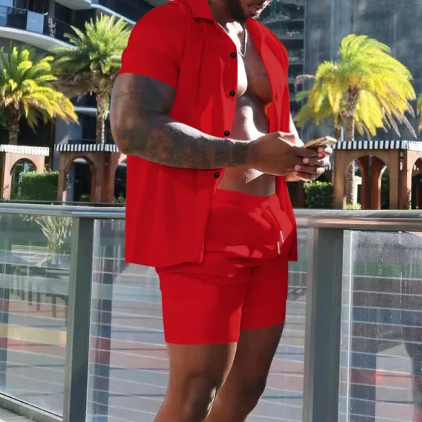 Men's Shirt Suits 2 Pieces Outfits Tee & Shorts Short Sleeve Lapel Summer Plain Fashion Casual Buttons 2 Piece Vacation Daily Wear Going out Black White Red Top Tee for Men
