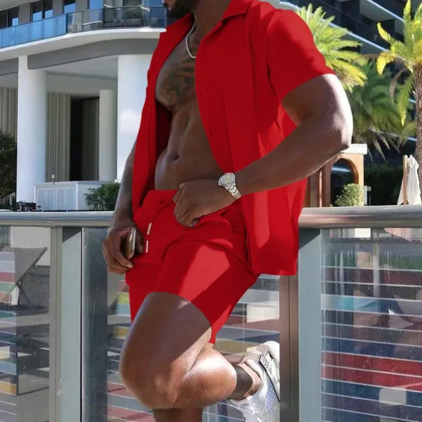 Men's Shirt Suits 2 Pieces Outfits Tee & Shorts Short Sleeve Lapel Summer Plain Fashion Casual Buttons 2 Piece Vacation Daily Wear Going out Black White Red Top Tee for Men