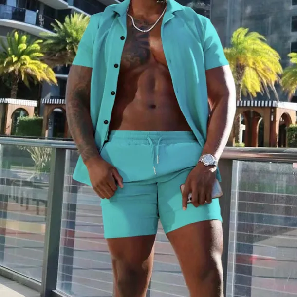 Men's Shirt Suits 2 Pieces Outfits Tee & Shorts Short Sleeve Lapel Summer Plain Fashion Casual Buttons 2 Piece Vacation Daily Wear Going out Black White Red Top Tee for Men