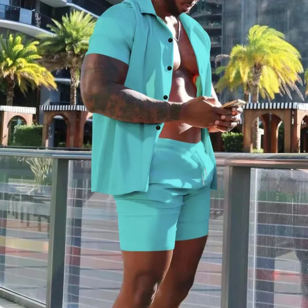 Men's Shirt Suits 2 Pieces Outfits Tee & Shorts Short Sleeve Lapel Summer Plain Fashion Casual Buttons 2 Piece Vacation Daily Wear Going out Black White Red Top Tee for Men