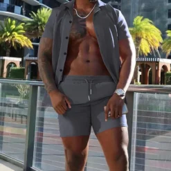 Men's Shirt Suits 2 Pieces Outfits Tee & Shorts Short Sleeve Lapel Summer Plain Fashion Casual Buttons 2 Piece Vacation Daily Wear Going out Black White Red Top Tee for Men