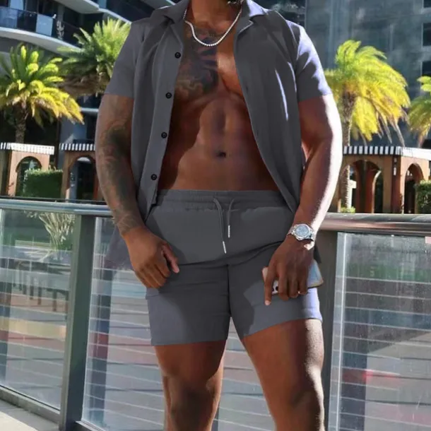 Men's Shirt Suits 2 Pieces Outfits Tee & Shorts Short Sleeve Lapel Summer Plain Fashion Casual Buttons 2 Piece Vacation Daily Wear Going out Black White Red Top Tee for Men