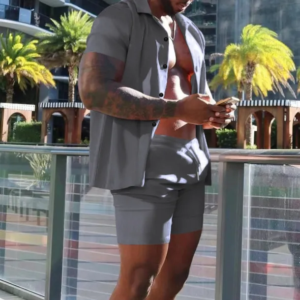 Men's Shirt Suits 2 Pieces Outfits Tee & Shorts Short Sleeve Lapel Summer Plain Fashion Casual Buttons 2 Piece Vacation Daily Wear Going out Black White Red Top Tee for Men