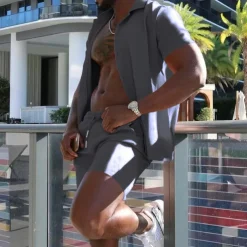 Men's Shirt Suits 2 Pieces Outfits Tee & Shorts Short Sleeve Lapel Summer Plain Fashion Casual Buttons 2 Piece Vacation Daily Wear Going out Black White Red Top Tee for Men