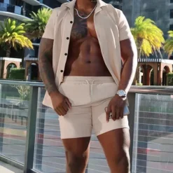 Men's Shirt Suits 2 Pieces Outfits Tee & Shorts Short Sleeve Lapel Summer Plain Fashion Casual Buttons 2 Piece Vacation Daily Wear Going out Black White Red Top Tee for Men