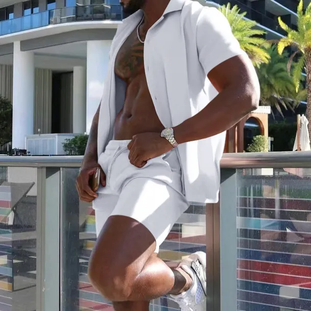 Men's Shirt Suits 2 Pieces Outfits Tee & Shorts Short Sleeve Lapel Summer Plain Fashion Casual Buttons 2 Piece Vacation Daily Wear Going out Black White Red Top Tee for Men