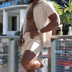 Men's Shirt Suits 2 Pieces Outfits Tee & Shorts Short Sleeve Lapel Summer Plain Fashion Casual Buttons 2 Piece Vacation Daily Wear Going out Black White Red Top Tee for Men