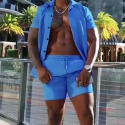 Men's Shirt Suits 2 Pieces Outfits Tee & Shorts Short Sleeve Lapel Summer Plain Fashion Casual Buttons 2 Piece Vacation Daily Wear Going out Black White Red Top Tee for Men