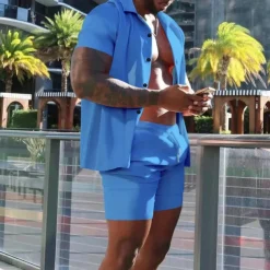 Men's Shirt Suits 2 Pieces Outfits Tee & Shorts Short Sleeve Lapel Summer Plain Fashion Casual Buttons 2 Piece Vacation Daily Wear Going out Black White Red Top Tee for Men