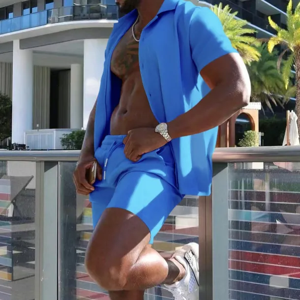 Men's Shirt Suits 2 Pieces Outfits Tee & Shorts Short Sleeve Lapel Summer Plain Fashion Casual Buttons 2 Piece Vacation Daily Wear Going out Black White Red Top Tee for Men