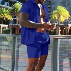 Men's Shirt Suits 2 Pieces Outfits Tee & Shorts Short Sleeve Lapel Summer Plain Fashion Casual Buttons 2 Piece Vacation Daily Wear Going out Black White Red Top Tee for Men