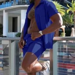 Men's Shirt Suits 2 Pieces Outfits Tee & Shorts Short Sleeve Lapel Summer Plain Fashion Casual Buttons 2 Piece Vacation Daily Wear Going out Black White Red Top Tee for Men