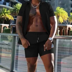 Men's Shirt Suits 2 Pieces Outfits Tee & Shorts Short Sleeve Lapel Summer Plain Fashion Casual Buttons 2 Piece Vacation Daily Wear Going out Black White Red Top Tee for Men