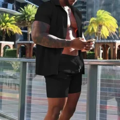 Men's Shirt Suits 2 Pieces Outfits Tee & Shorts Short Sleeve Lapel Summer Plain Fashion Casual Buttons 2 Piece Vacation Daily Wear Going out Black White Red Top Tee for Men