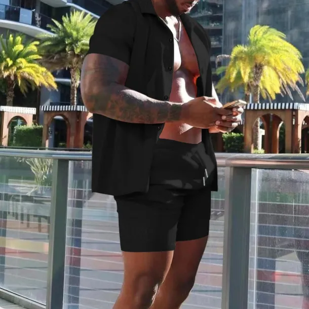 Men's Shirt Suits 2 Pieces Outfits Tee & Shorts Short Sleeve Lapel Summer Plain Fashion Casual Buttons 2 Piece Vacation Daily Wear Going out Black White Red Top Tee for Men