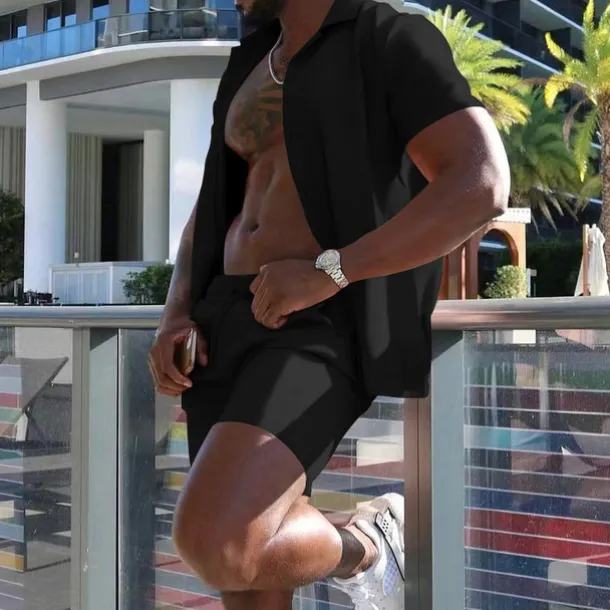 Men's Shirt Suits 2 Pieces Outfits Tee & Shorts Short Sleeve Lapel Summer Plain Fashion Casual Buttons 2 Piece Vacation Daily Wear Going out Black White Red Top Tee for Men