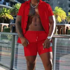 Men's Shirt Suits 2 Pieces Outfits Tee & Shorts Short Sleeve Lapel Summer Plain Fashion Casual Buttons 2 Piece Vacation Daily Wear Going out Black White Red Top Tee for Men