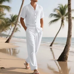 Men's Shirt Suits Shirt and Pant Sets 2 Pieces Outfits Short Sleeve Lapel Summer Plain Fashion Casual 2 Piece Vacation Daily Wear Going out Black White Khaki Top Tee for Men