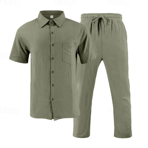 Men's Shirt Suits Shirt and Pant Sets 2 Pieces Outfits Short Sleeve Lapel Summer Plain Fashion Casual 2 Piece Vacation Daily Wear Going out Black White Khaki Top Tee for Men