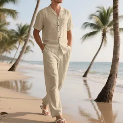 Men's Shirt Suits Shirt and Pant Sets 2 Pieces Outfits Short Sleeve Lapel Summer Plain Fashion Casual 2 Piece Vacation Daily Wear Going out Black White Khaki Top Tee for Men