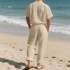 Men's Shirt Suits Shirt and Pant Sets 2 Pieces Outfits Short Sleeve Lapel Summer Plain Fashion Casual 2 Piece Vacation Daily Wear Going out Black White Khaki Top Tee for Men