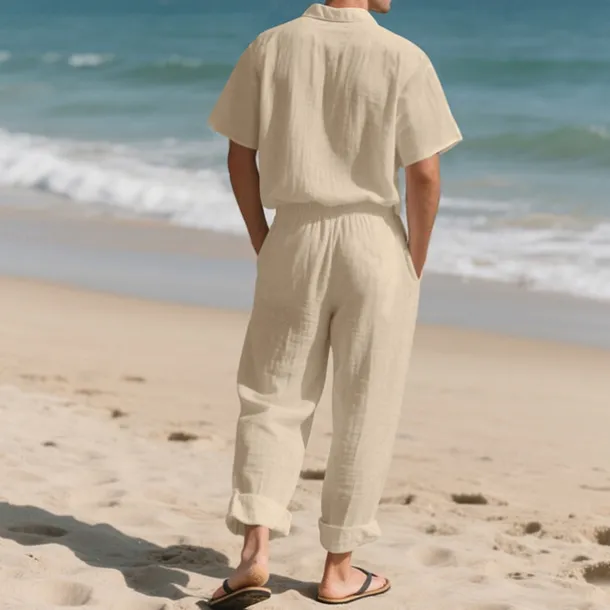 Men's Shirt Suits Shirt and Pant Sets 2 Pieces Outfits Short Sleeve Lapel Summer Plain Fashion Casual 2 Piece Vacation Daily Wear Going out Black White Khaki Top Tee for Men