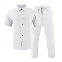 Men's Shirt Suits Shirt and Pant Sets 2 Pieces Outfits Short Sleeve Lapel Summer Plain Fashion Casual 2 Piece Vacation Daily Wear Going out Black White Khaki Top Tee for Men