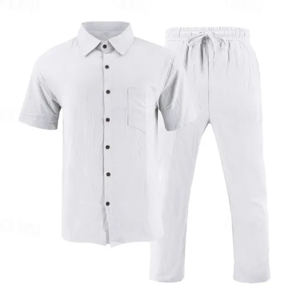 Men's Shirt Suits Shirt and Pant Sets 2 Pieces Outfits Short Sleeve Lapel Summer Plain Fashion Casual 2 Piece Vacation Daily Wear Going out Black White Khaki Top Tee for Men