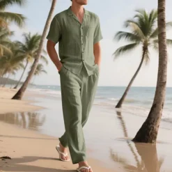 Men's Shirt Suits Shirt and Pant Sets 2 Pieces Outfits Short Sleeve Lapel Summer Plain Fashion Casual 2 Piece Vacation Daily Wear Going out Black White Khaki Top Tee for Men