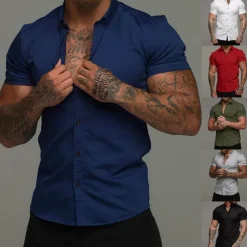 Men's Shirt Summer Shirt Button Up Shirt Black White Red Blue Green Short Sleeve Plain Collar 3D Print Outdoor Casual Clothing Apparel Casual Slim Fit