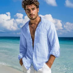 Men's Shirt Summer Shirt Beach Wear Button Up Shirt Casual Shirt Striped Shirt Pink Green Dark Gray Light Blue Long Sleeve Plain Band Collar Daily Vacation Splice Clothing Apparel Fashion Casual