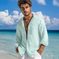 Men's Shirt Summer Shirt Beach Wear Button Up Shirt Casual Shirt Striped Shirt Pink Green Dark Gray Light Blue Long Sleeve Plain Band Collar Daily Vacation Splice Clothing Apparel Fashion Casual