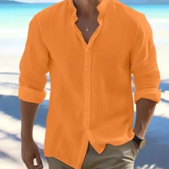 Men's Shirt Summer Shirt Beach Wear Button Up Shirt Black White Pink Red Long Sleeve Plain Band Collar Spring & Summer Casual Daily Clothing Apparel 100% Cotton