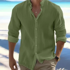 Men's Shirt Summer Shirt Beach Wear Button Up Shirt Black White Pink Red Long Sleeve Plain Band Collar Spring & Summer Casual Daily Clothing Apparel 100% Cotton