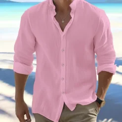 Men's Shirt Summer Shirt Beach Wear Button Up Shirt Black White Pink Red Long Sleeve Plain Band Collar Spring & Summer Casual Daily Clothing Apparel 100% Cotton